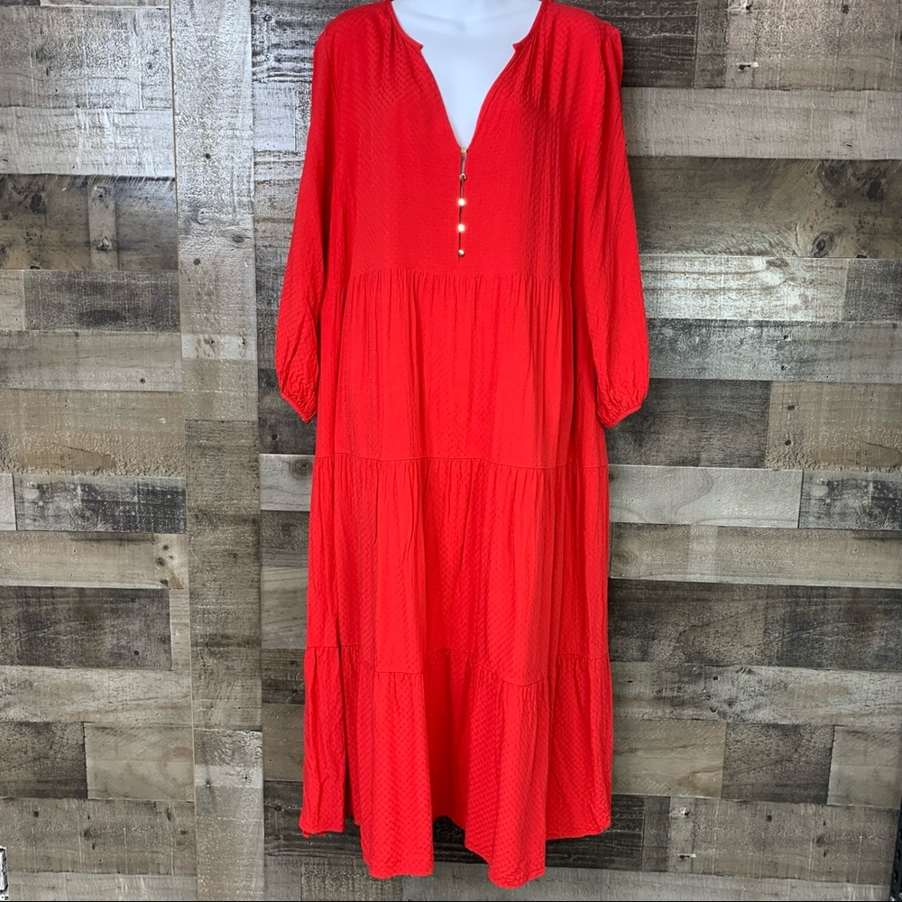 LOFT Ann Taylor Red Tiered Ruffle MIDI Dress Size XL